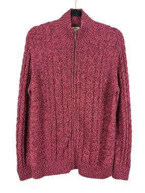 L.L.Bean Cable Knit Full Zip Sweater Large Pink Cotton Cardigan Casual Outdoor